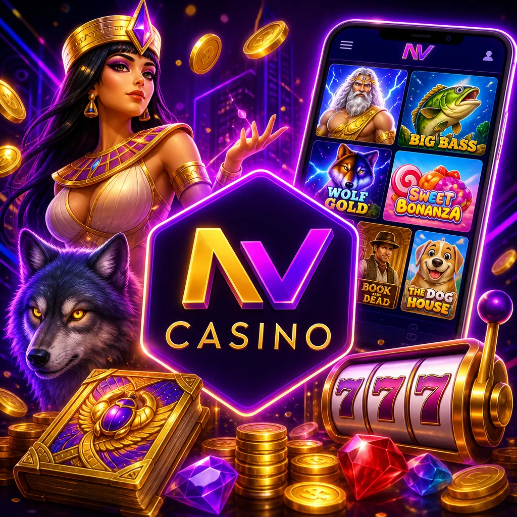 NV Casino promo image with logo, purple-magenta neon, gold accents, gaming atmosphere.
